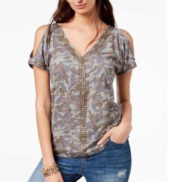 Inc Cotton Camouflage Cold-Shoulder T-Shirt - Picture 1 of 6